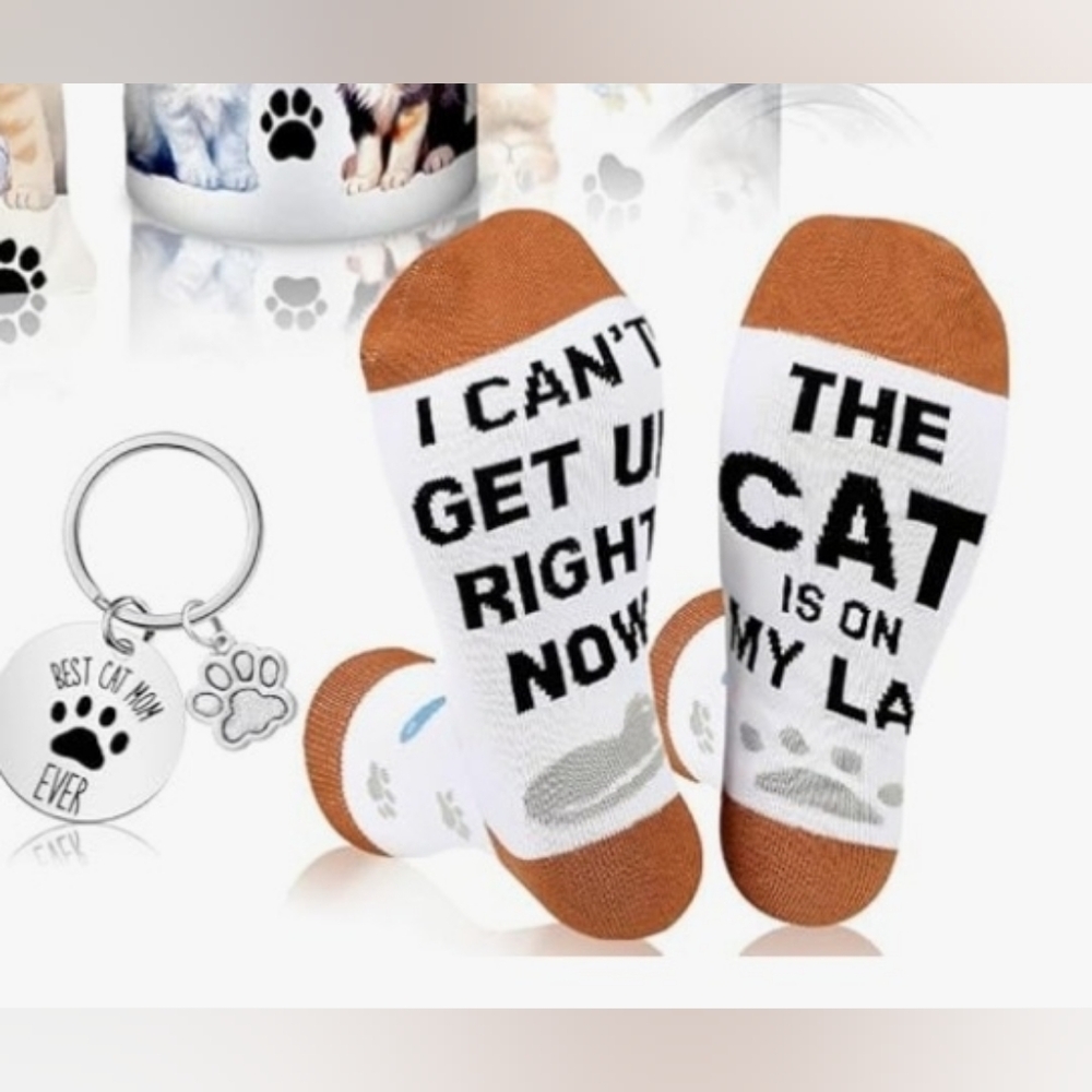 Keychain & socks purse charm cat lovers bundle funny women’s